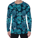 Teal Sugar Skull Flower Pattern Print Men's Long Sleeve T-Shirt