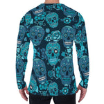 Teal Sugar Skull Flower Pattern Print Men's Long Sleeve T-Shirt