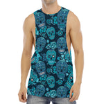 Teal Sugar Skull Flower Pattern Print Men's Muscle Tank Top