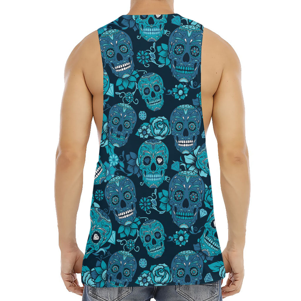 Teal Sugar Skull Flower Pattern Print Men's Muscle Tank Top