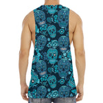 Teal Sugar Skull Flower Pattern Print Men's Muscle Tank Top