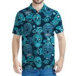 Teal Sugar Skull Flower Pattern Print Men's Polo Shirt