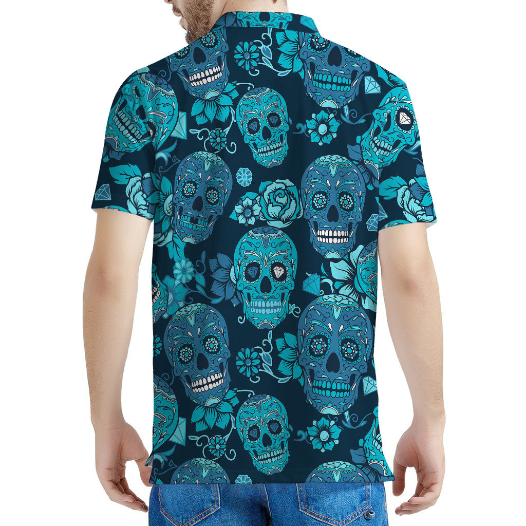 Teal Sugar Skull Flower Pattern Print Men's Polo Shirt