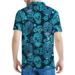 Teal Sugar Skull Flower Pattern Print Men's Polo Shirt