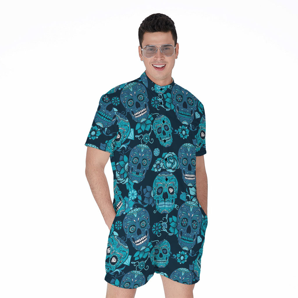 Teal Sugar Skull Flower Pattern Print Men's Rompers