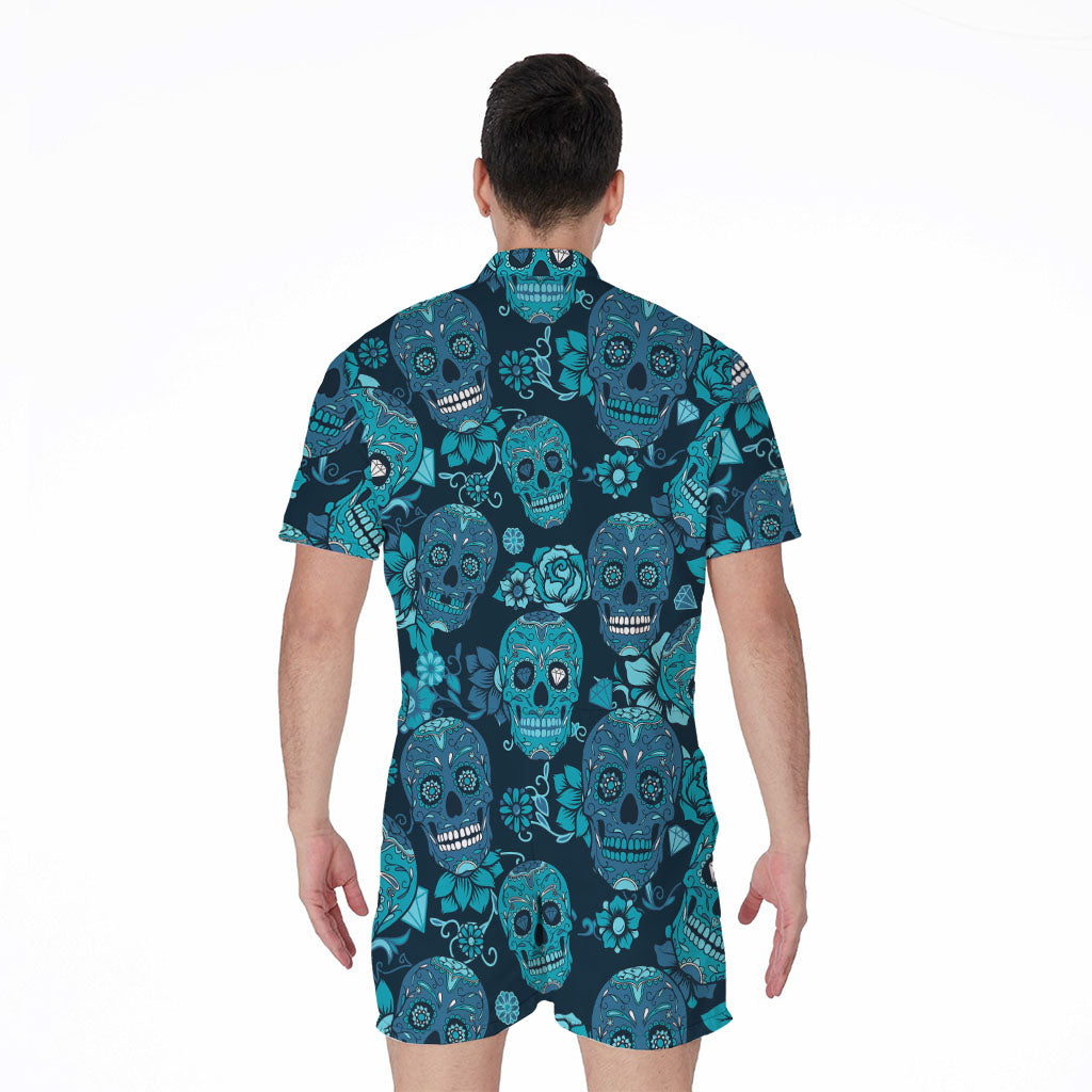Teal Sugar Skull Flower Pattern Print Men's Rompers