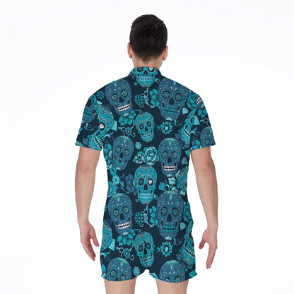 Teal Sugar Skull Flower Pattern Print Men's Rompers
