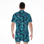 Teal Sugar Skull Flower Pattern Print Men's Rompers