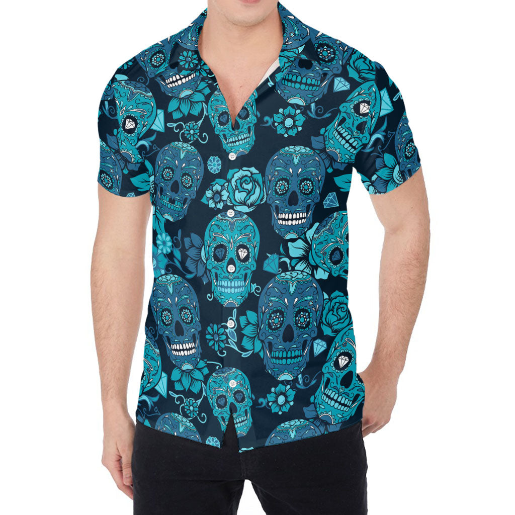 Teal Sugar Skull Flower Pattern Print Men's Shirt