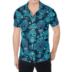 Teal Sugar Skull Flower Pattern Print Men's Shirt