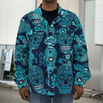 Teal Sugar Skull Flower Pattern Print Men's Shirt Jacket