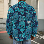 Teal Sugar Skull Flower Pattern Print Men's Shirt Jacket
