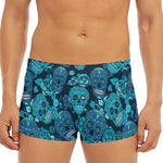 Teal Sugar Skull Flower Pattern Print Men's Short Boxer Briefs