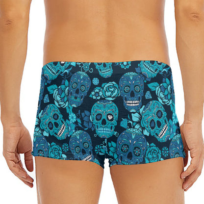Teal Sugar Skull Flower Pattern Print Men's Short Boxer Briefs