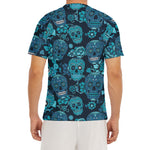 Teal Sugar Skull Flower Pattern Print Men's Short Sleeve Rash Guard