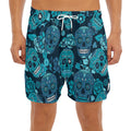 Teal Sugar Skull Flower Pattern Print Men's Split Running Shorts