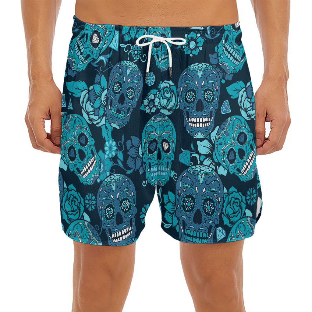 Teal Sugar Skull Flower Pattern Print Men's Split Running Shorts