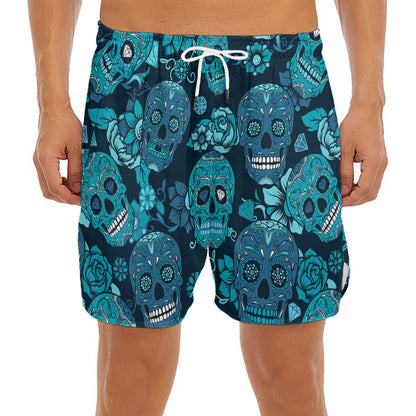 Teal Sugar Skull Flower Pattern Print Men's Split Running Shorts
