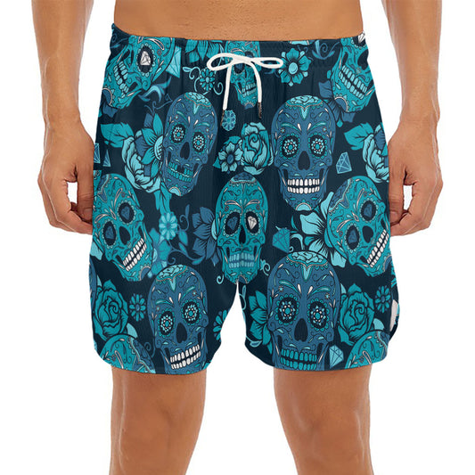 Teal Sugar Skull Flower Pattern Print Men's Split Running Shorts