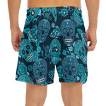 Teal Sugar Skull Flower Pattern Print Men's Split Running Shorts