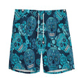 Teal Sugar Skull Flower Pattern Print Men's Athletic Shorts