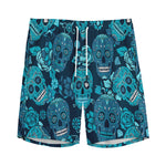 Teal Sugar Skull Flower Pattern Print Men's Sports Shorts
