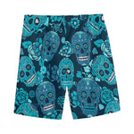 Teal Sugar Skull Flower Pattern Print Men's Sports Shorts