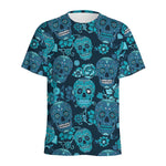 Teal Sugar Skull Flower Pattern Print Men's Sports T-Shirt
