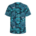 Teal Sugar Skull Flower Pattern Print Men's Sports T-Shirt