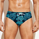 Teal Sugar Skull Flower Pattern Print Men's Swim Briefs