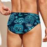 Teal Sugar Skull Flower Pattern Print Men's Swim Briefs