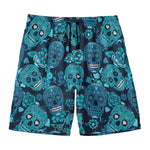 Teal Sugar Skull Flower Pattern Print Men's Swim Trunks