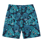 Teal Sugar Skull Flower Pattern Print Men's Swim Trunks