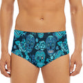 Teal Sugar Skull Flower Pattern Print Men's Triangle Swim Briefs