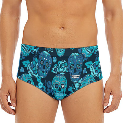 Teal Sugar Skull Flower Pattern Print Men's Triangle Swim Briefs