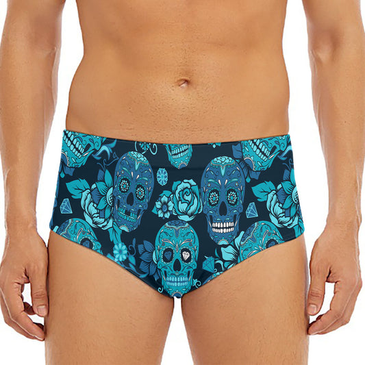 Teal Sugar Skull Flower Pattern Print Men's Triangle Swim Briefs