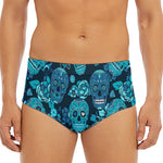 Teal Sugar Skull Flower Pattern Print Men's Triangle Swim Briefs