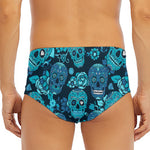Teal Sugar Skull Flower Pattern Print Men's Triangle Swim Briefs