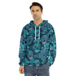 Teal Sugar Skull Flower Pattern Print Men's Velvet Pullover Hoodie