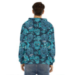 Teal Sugar Skull Flower Pattern Print Men's Velvet Pullover Hoodie