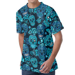 Teal Sugar Skull Flower Pattern Print Men's Velvet T-Shirt