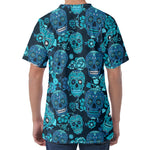 Teal Sugar Skull Flower Pattern Print Men's Velvet T-Shirt