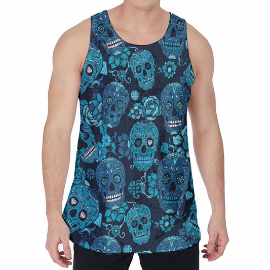 Teal Sugar Skull Flower Pattern Print Men's Velvet Tank Top