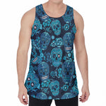 Teal Sugar Skull Flower Pattern Print Men's Velvet Tank Top