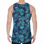 Teal Sugar Skull Flower Pattern Print Men's Velvet Tank Top