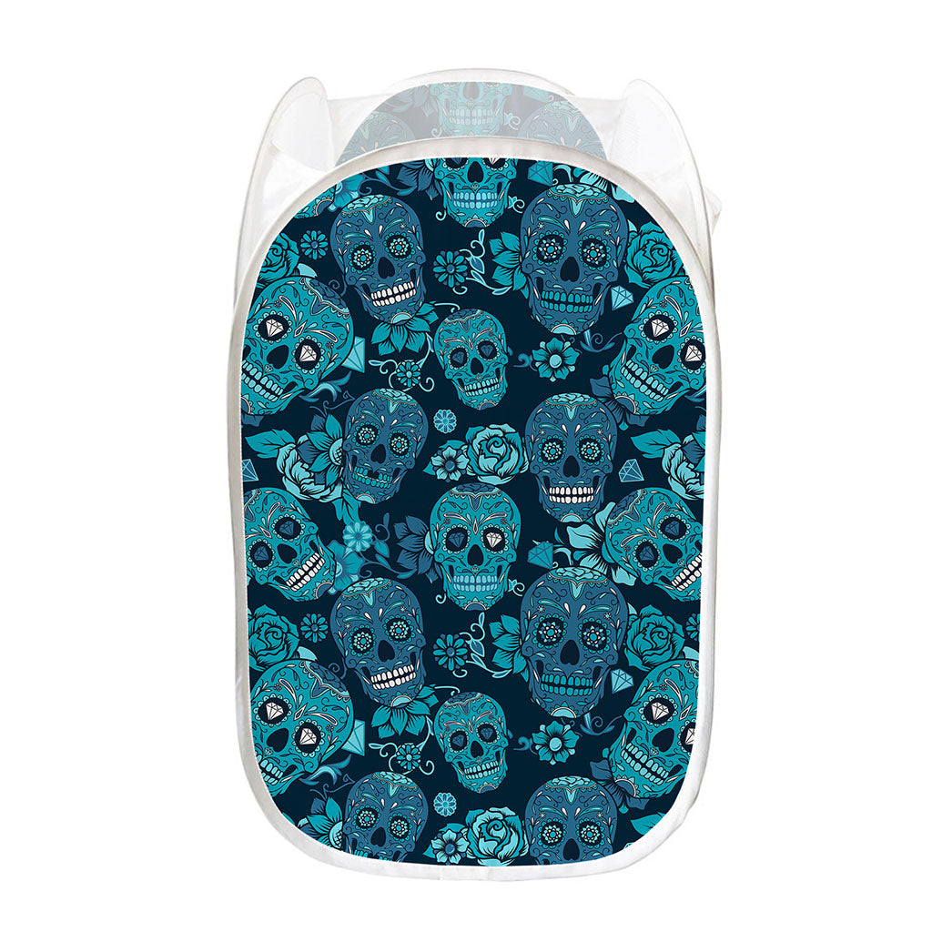 Teal Sugar Skull Flower Pattern Print Mesh Laundry Hamper