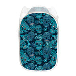 Teal Sugar Skull Flower Pattern Print Mesh Laundry Hamper