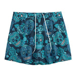 Teal Sugar Skull Flower Pattern Print Mesh Shorts
