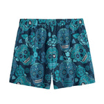 Teal Sugar Skull Flower Pattern Print Mesh Shorts