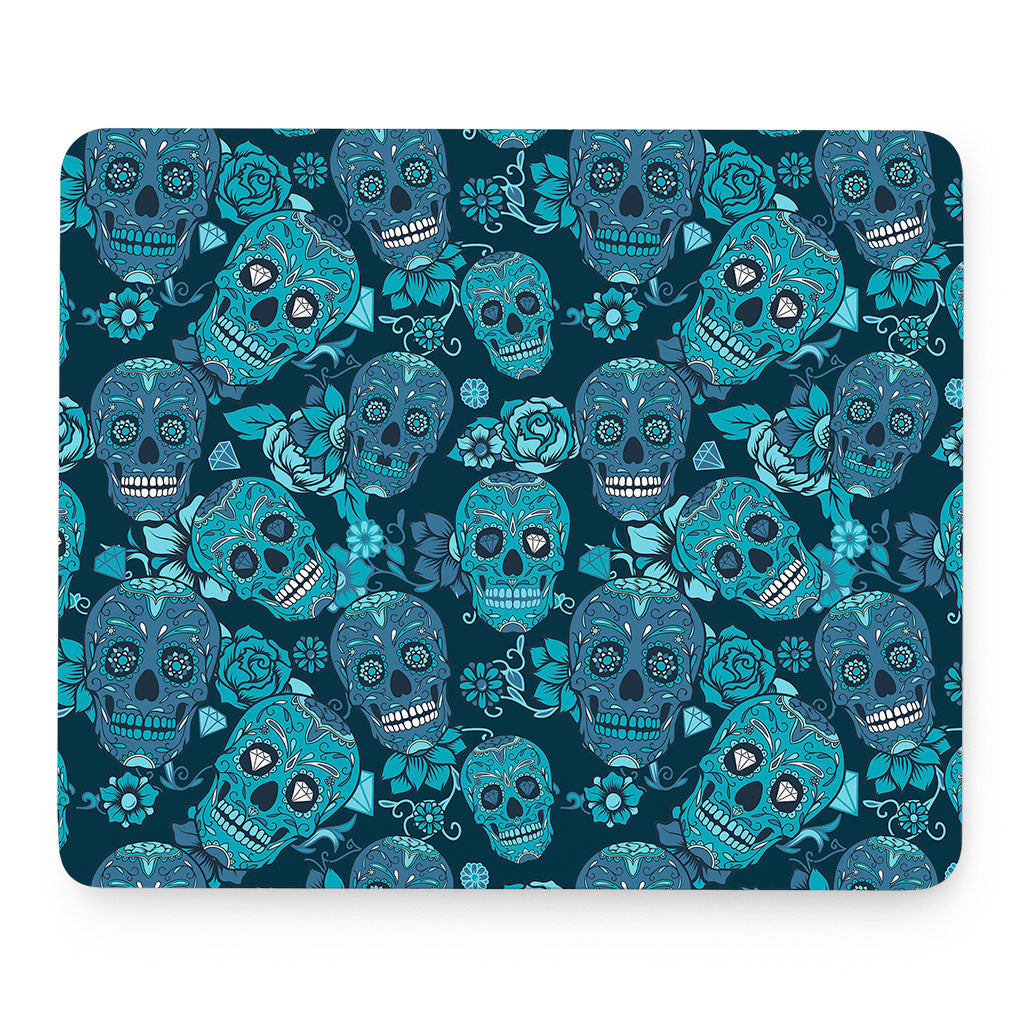 Teal Sugar Skull Flower Pattern Print Mouse Pad